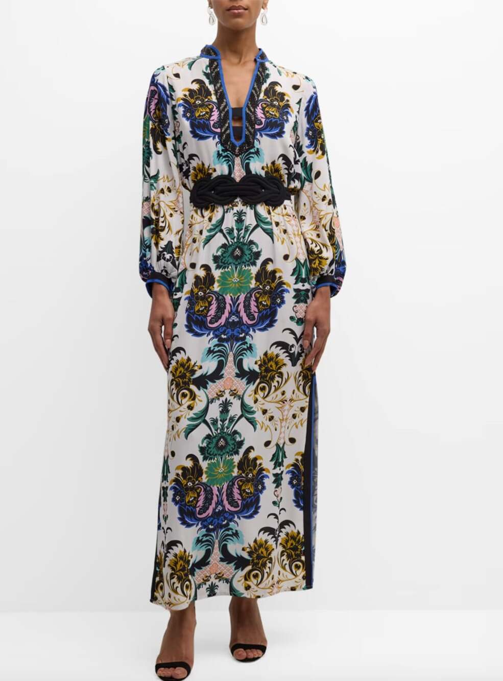 Figue Clove Baroque-Print Long-Sleeve Belted Maxi Dress Size XS